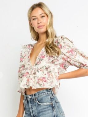 Floral V Neck Babydoll Top NWT